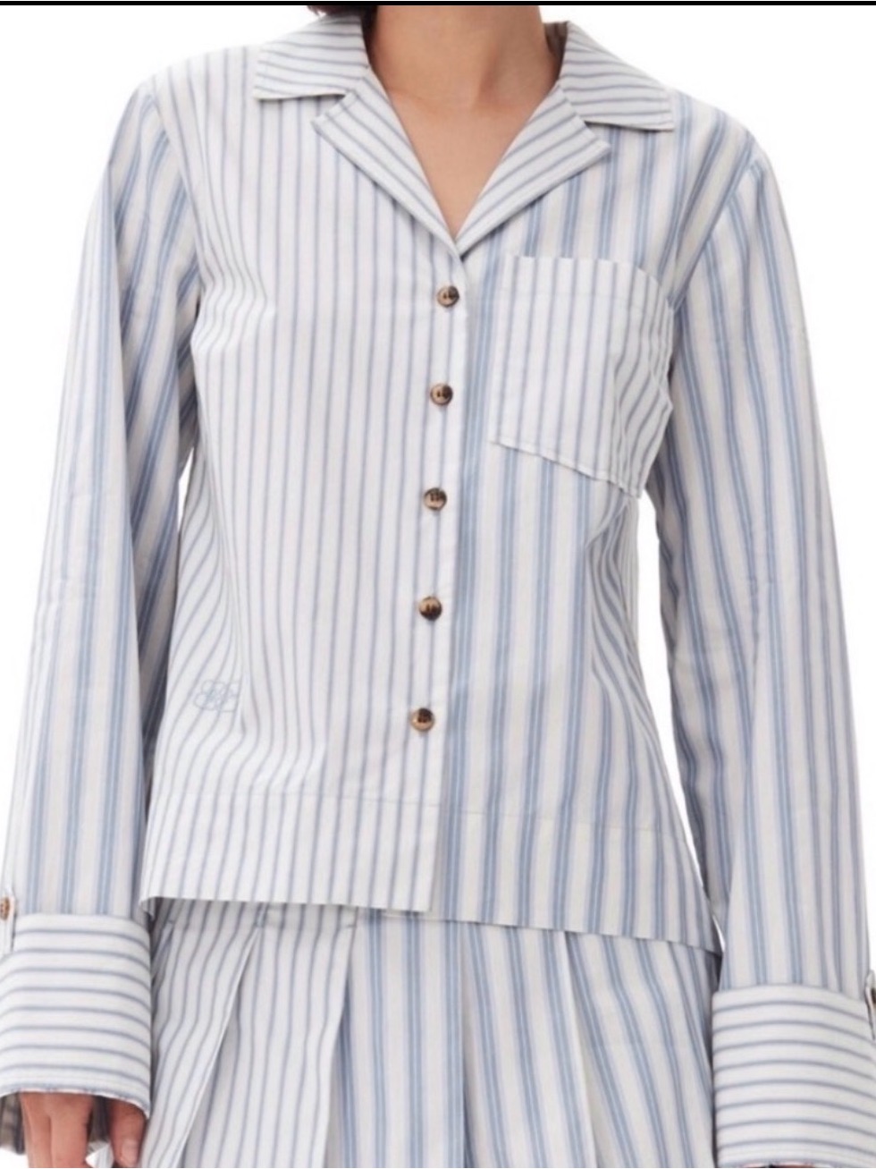 Ganni Long Sleeve Button-Up Stripe Poplin Top, New